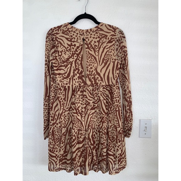 AFRM Mini Babydoll Dress Animal Print‎ Long Sleeve Bronze Tan Small S - Picture 4 of 8